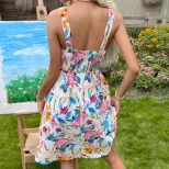 Summer Floral Print Midi Dress Colorful Design French Country Style Adjustable Straps Perfect fo