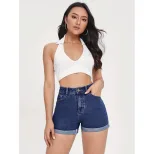 欧美外贸新款2023春夏季时尚卷边牛仔短裤女热裤休闲直筒裤短裤子