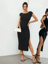 Black Short Sleeve Bodycon Dress Slim Fit Round Neck Side Slit Summer Casual Wear for Women Whol