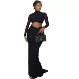 Fashionable Womens Solid Color Dress Sheer Mesh Paneling Long Sleeve High Neck Elegant Fit Perfe