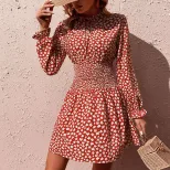 Floral Print Long Sleeve Dress Elastic Waist Casual Style Spring and Autumn Wear Wholesale Avail