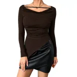 Irregular Hem Long Sleeve Top Small V Neck Waist Cinching Design Elegant Style Perfect for Casua