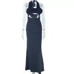 Sweet Fresh Floral Embellished High Waisted Midi Dress Halter Neck 3D Rose Decoration Elegant St