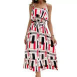 Elegant Ruffled Hem Geometric Print Maxi Dress Colorful Trendy Sleeveless Perfect for Summer Eve
