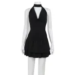 Backless Halter Neck Dress Sexy Low Cut Ruffle Hem Elegant Solid Color for Parties and Events Wh