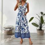 Vintage Floral Print Sleeveless Dress Summer Vacation Style Lightweight Fabric Elegant Design Wh