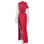 Womens Fashion Dress Solid Color Asymmetrical Hem Slit Design Ruffled Details Casual or Evening