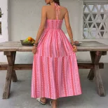 Bohemian Geometric Print Maxi Dress Halter Neck Side Slit Vacation Style Wholesale Available