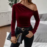 Velvet Off Shoulder Top Slim Fit Long Sleeve Solid Color Elegant for Parties and Events Wholesal