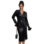 Elegant Vintage Black Split Hem Dress Deep V Neck Long Sleeve Autumn Collection Perfect for Part