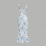 Summer Womens Bodycon Dress Blue and White Porcelain Print Backless Strapless Mermaid Hem Perfec