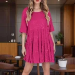 Fashionable Short Sleeve A Line Dress Round Neck Loose Fit Sequin Detail Evening Party Wear Whol