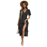 Womens Summer Dress Short Sleeve V Neck Button Design Polka Dot Pattern Casual Midi Length