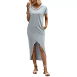 Summer Womens Long Hooded T Shirt Dress in Gray Casual Fit Short Sleeve Lightweight Fabric