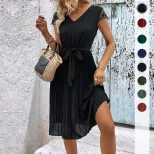 Summer Elegant Lace Pleated Dress Sweet Design Solid Color European and American Style Perfect f
