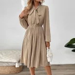 Chic Pleated Dress Bow Tie Neck Puff Sleeves Solid Color Office Wear or Casual Events OEM Availa