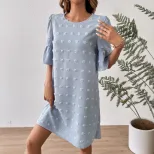Chiffon Dress for Women Solid Color Short Sleeve Pom Detail Casual Summer Wear Wholesale Availab