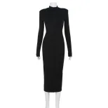 High Neck Long Sleeve Dress Slim Fit Solid Color Fashionable Design Autumn Wear for Women Wholes