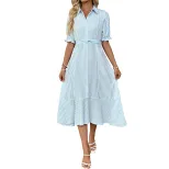 Striped Puff Sleeve Shirt Dress Summer Long Dress for Dating and Commuting Lightweight Stylish C