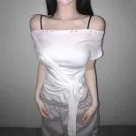 Off Shoulder Crop Top Slim Fit Short Sleeve Casual Summer Style low MOQ ready to ship