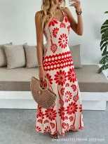 Bohemian Maxi Dress for Women Floral Print Adjustable Straps Lightweight Fabric Summer Casual We