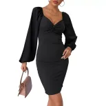 Black Long Sleeve V Neck Bodycon Dress for Women Stylish Casual Wear in Multiple Sizes