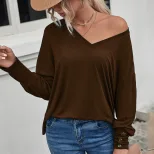 Womens Loose Fit V Neck Long Sleeve T Shirt Solid Color Casual Style Autumn Winter Ready to Ship