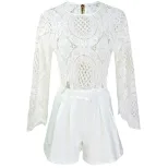 High End Lace Jumpsuit Floral Design Cotton Blend Hollow Out Short Style Perfect for Summer Even