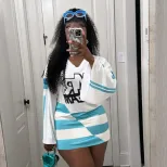 Womens Color Block Printed Long Sleeve V Neck T Shirt Comfortable Casual Style Fashion Trends Wh
