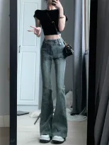 2023春秋美式复古微喇牛仔裤女高腰设计感小众百搭显瘦拖地长裤潮