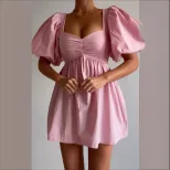 Womens Slim Fit V Neck Dress Elegant Ruching Waist Defining Stylish Design Perfect for Parties a