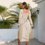 Elegant Square Neck Long Dress for Women High Waist Slim Fit Autumn Winter Style Wholesale Avail