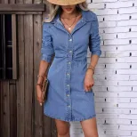 Vintage Denim Long Sleeve Dress Slim Fit Waist Defining Comfortable Fabric Casual Wear Spring Fa