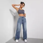 High Waisted Denim Trousers Casual Chic Style Versatile Fit European and American Fashion Wholes