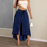 Elegant High Slit Denim Maxi Skirt Irregular Hem Womens Fashion Casual Wear Wholesale Available