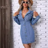 Vintage Denim Long Sleeve Dress for Women Slim Fit Waist Defined Casual Style Perfect for Spring