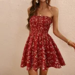 Floral Print Strapless Dress Slimming Waist Design Playful Style Summer Fashion Wholesale Availa