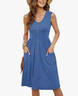 Sleeveless V Neck Dress Solid Color Button Pocket Casual Style Perfect for Summer Events Wholesa