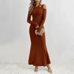 Fashionable Bodycon Long Dress Milk Silk Fabric Hollow Shoulder Design Slim Fit Elegant Style Pe
