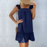 Womens Casual Beach Dress Short Loose Fit Spaghetti Straps Lightweight Fabric Summer Vacation We