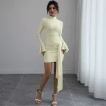 Fashionable Solid Color Bodycon Dress High Neck Flared Sleeves Slim Fit Casual or Evening Wear W