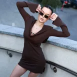 Long Sleeve V Neck Ruffled Hooded Dress Slim Fit Vintage Style Autumn Fashion Wholesale Availabl