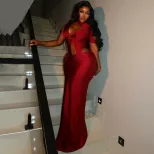 Womens Fashion Dress Solid Color Asymmetrical Hem Slit Design Ruffled Details Casual or Evening