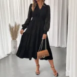 Elegant V Neck Lace Long Sleeve Dress Waist Defining Solid Color Perfect for Formal Events Whole