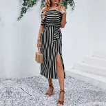 Off Shoulder Striped Summer Dress Casual Minimalist Style Comfortable Fit Perfect for Beach or O