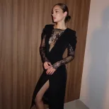 Elegant V Neck Lace Panel Bodycon Dress Chic Split Design Luxurious Feel Perfect for Autumn and