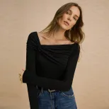 Elegant Womens T Shirt Simple Fashion Asymmetrical Neckline Pleated Design Slim Fit Spring Summe