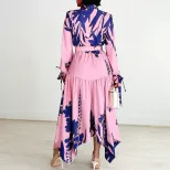 Plus Size Womens Dress Elegant Floral Print Irregular Hem Lapel Collar Casual or Formal Occasion