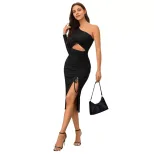 Sexy Hollow Out Midi Dress Asymmetrical Neckline Side Slit Trendy Design Spring Summer Fashion W