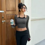 Womens Gray Long Sleeve T Shirt Fitted Design with Square Neck and Flared Sleeves Casual Wear